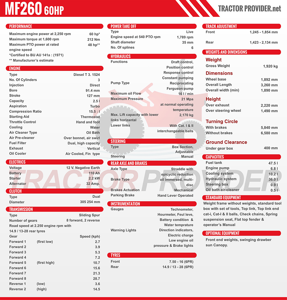 MF 260 Tractor Specification
